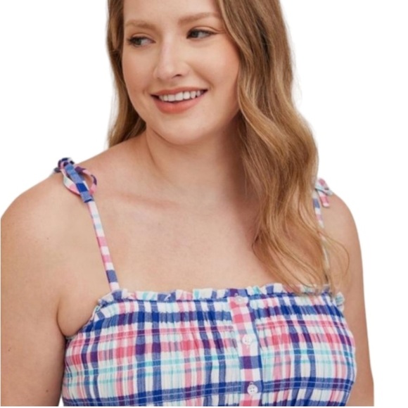 Torrid Peplum Smocked Bodice Crinkle Gauze Cami Plaid White 4X NWT - Picture 4 of 12